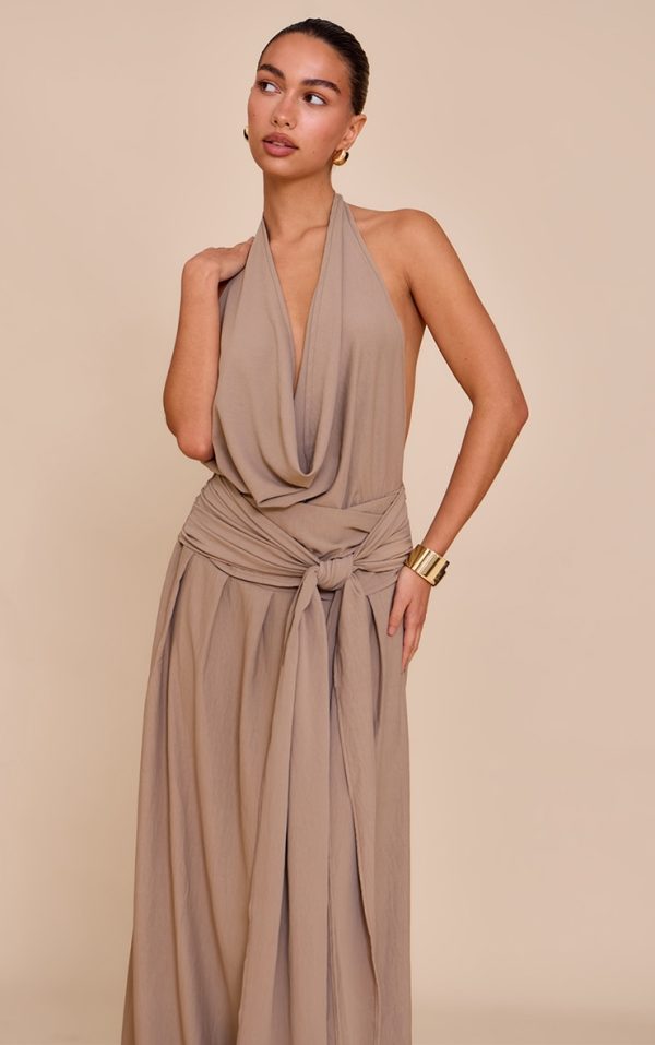 Mushroom Floaty Woven Cowl Neck Low Back Maxi Dress