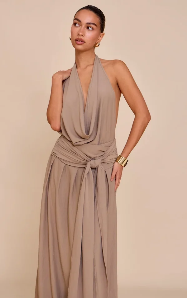 Mushroom Floaty Woven Cowl Neck Low Back Maxi Dress