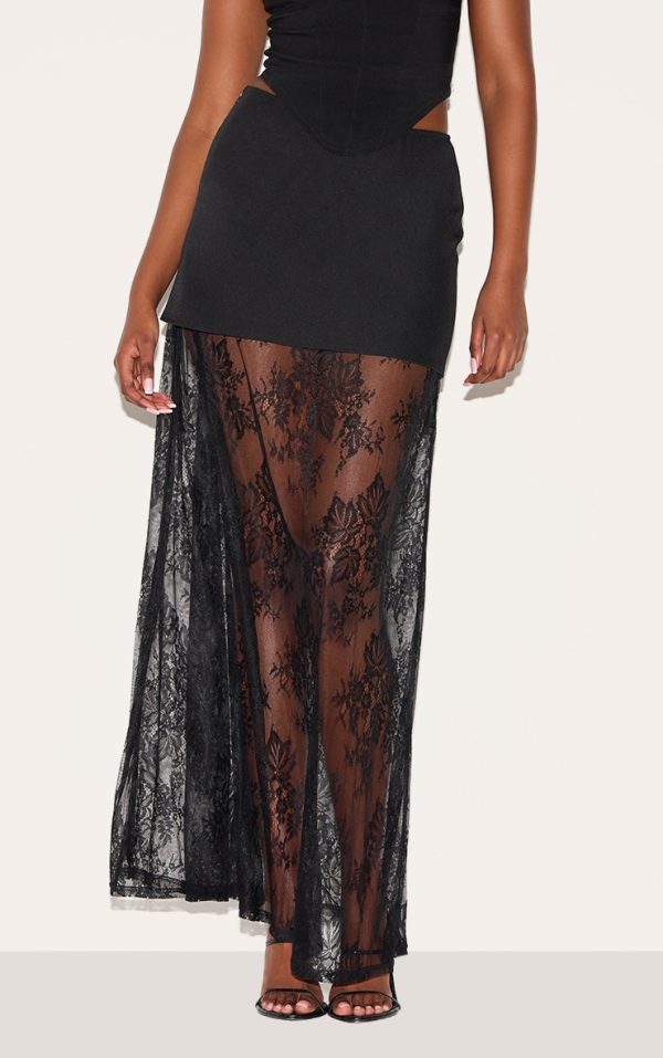 Black Overlay Detail Lace Maxi Skirt