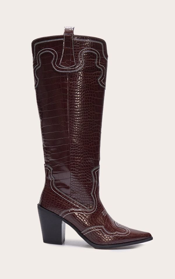 Burgundy Croc Pu Point Toe Western Stitch Knee High Block Heeled Boots