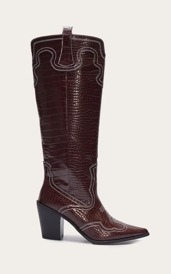 Burgundy Croc Pu Point Toe Western Stitch Knee High Block Heeled Boots