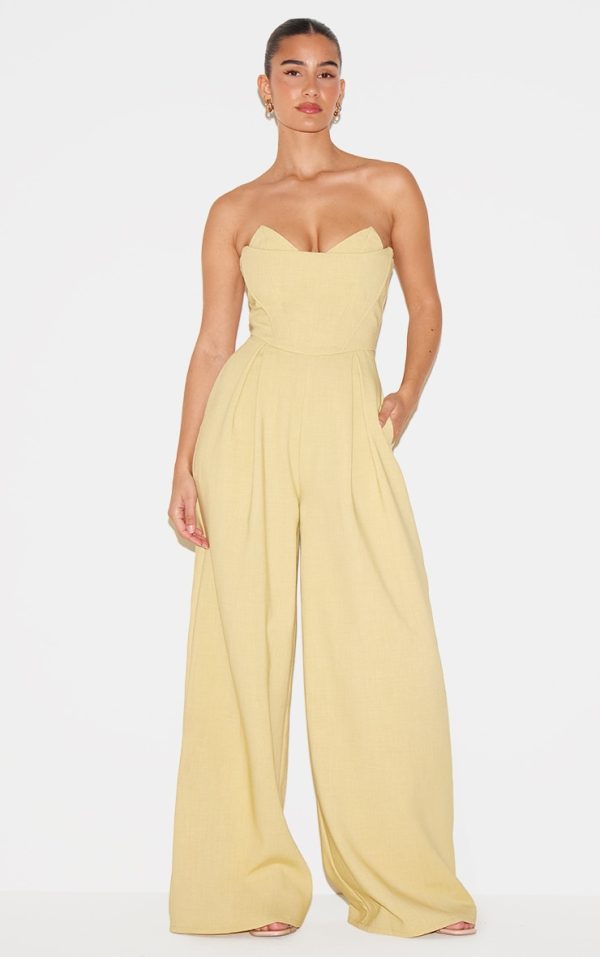PLT Label Chartreuse Corset Bust Detail Wide Leg Tailored Jumpsuit