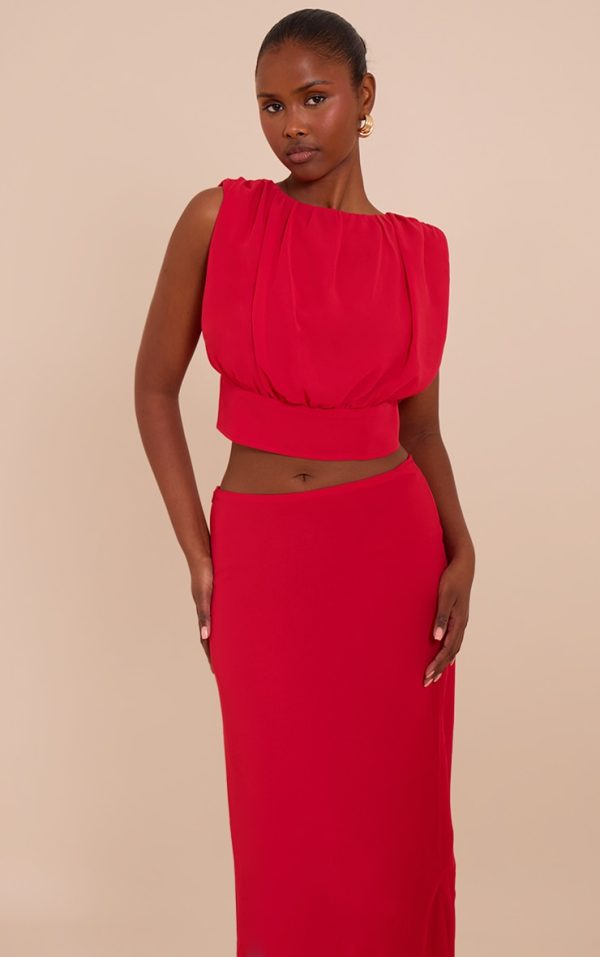 Tomato Red Chiffon Ruched Crop Top