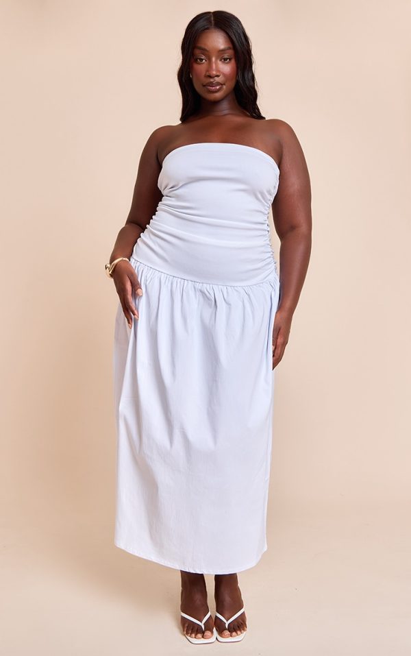 Plus White Stretch Woven Bandeau Ruched Maxi Dress