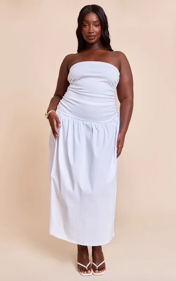 Plus White Stretch Woven Bandeau Ruched Maxi Dress