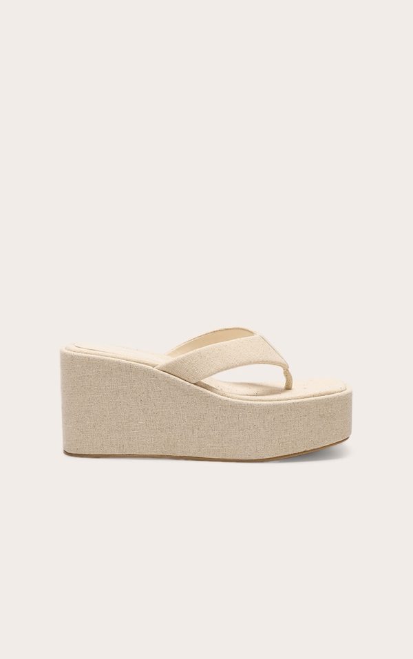 Natural Linen Square Toe Thong Flatform Wedge Sandals