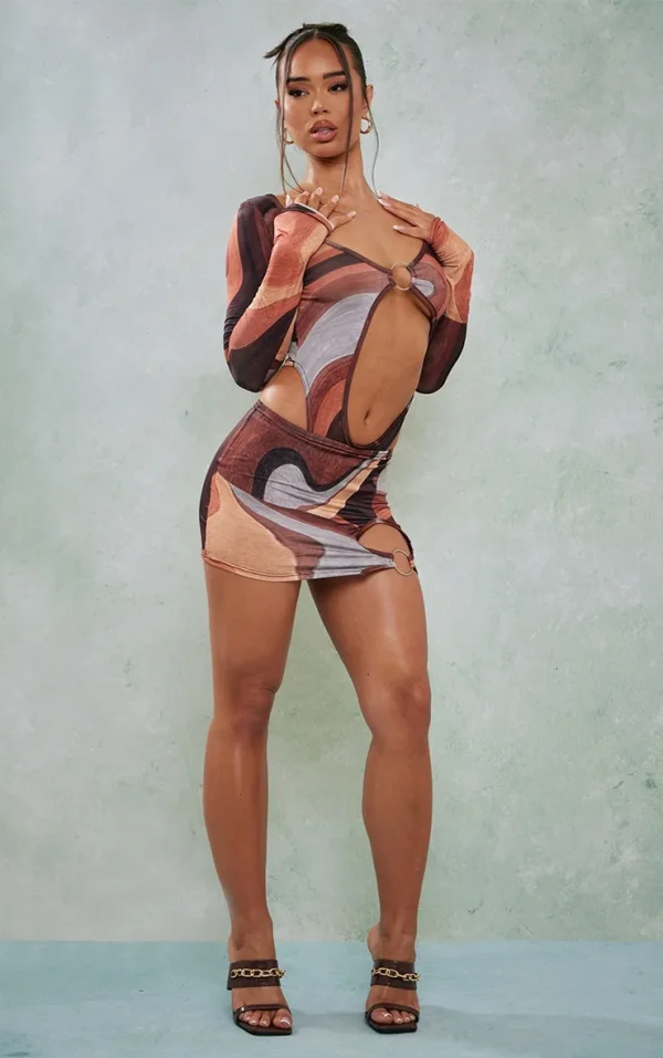 Brown Abstract Print Slinky O-ring Cut Out Mini Skirt