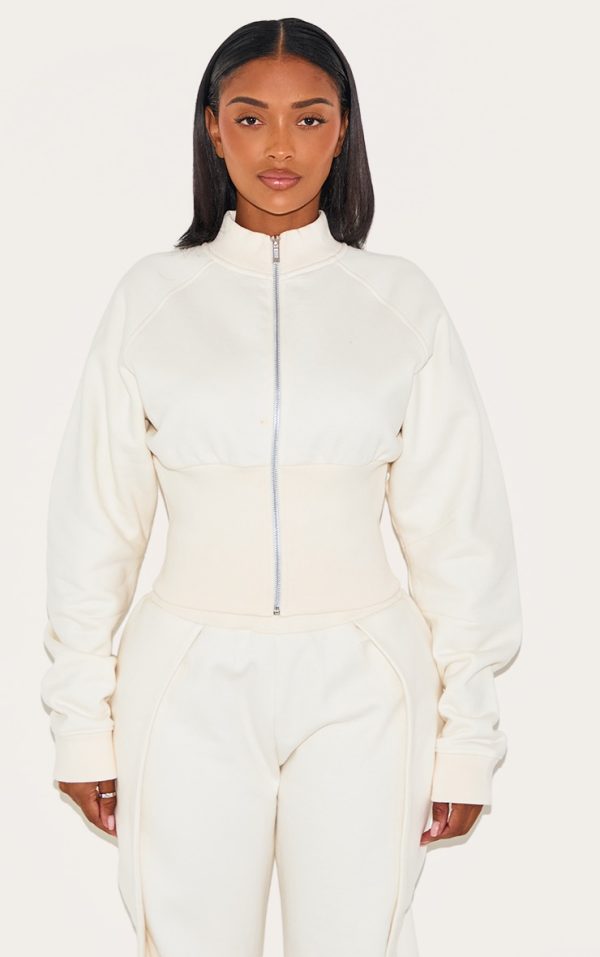 Shape Cream Cinched Waist Cocoon Sleeve Zip Up Jacket