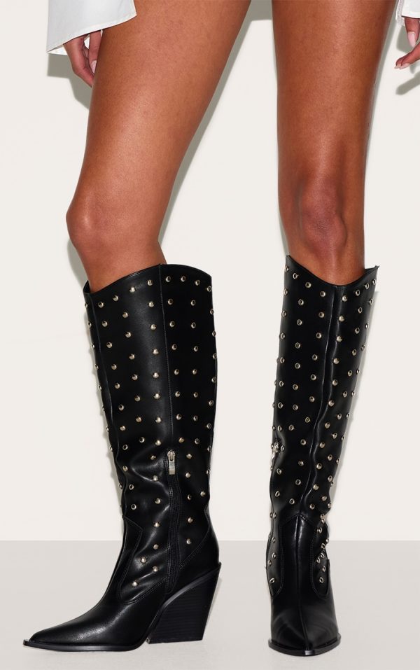 Black PU Point Toe Silver Stud Knee High Block Heel Western Boots