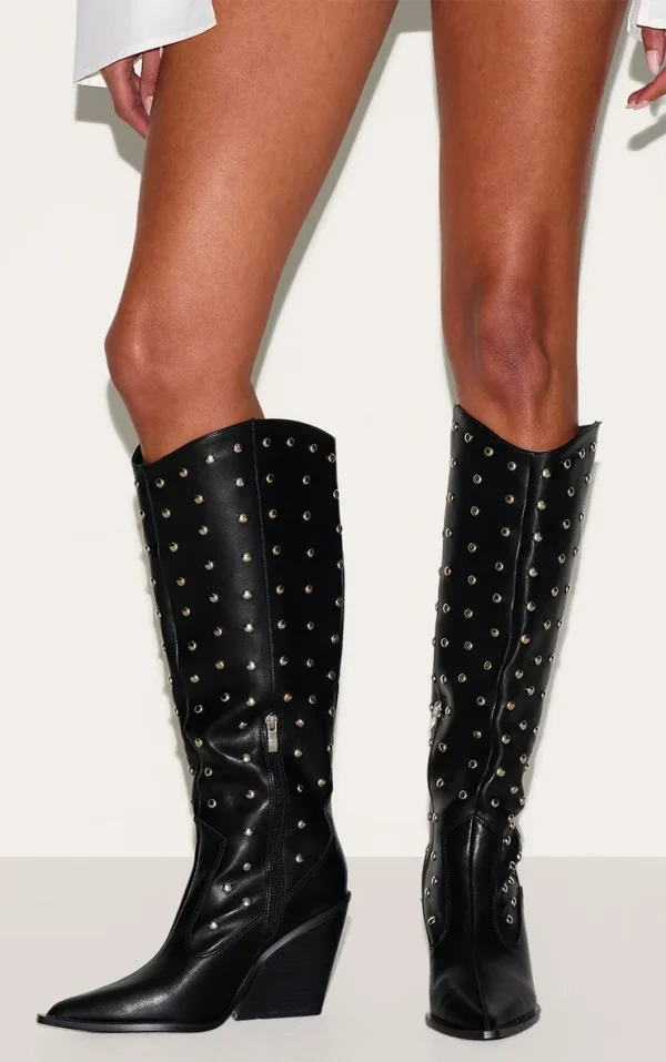 Black PU Point Toe Silver Stud Knee High Block Heel Western Boots