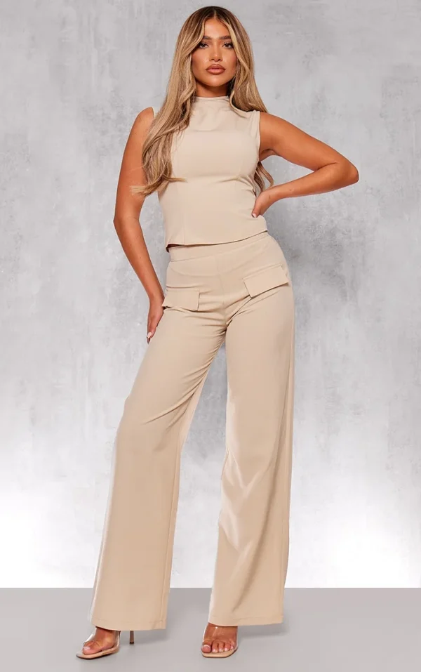 Stone Woven Tailored Wide Leg Pocket Detail Pant