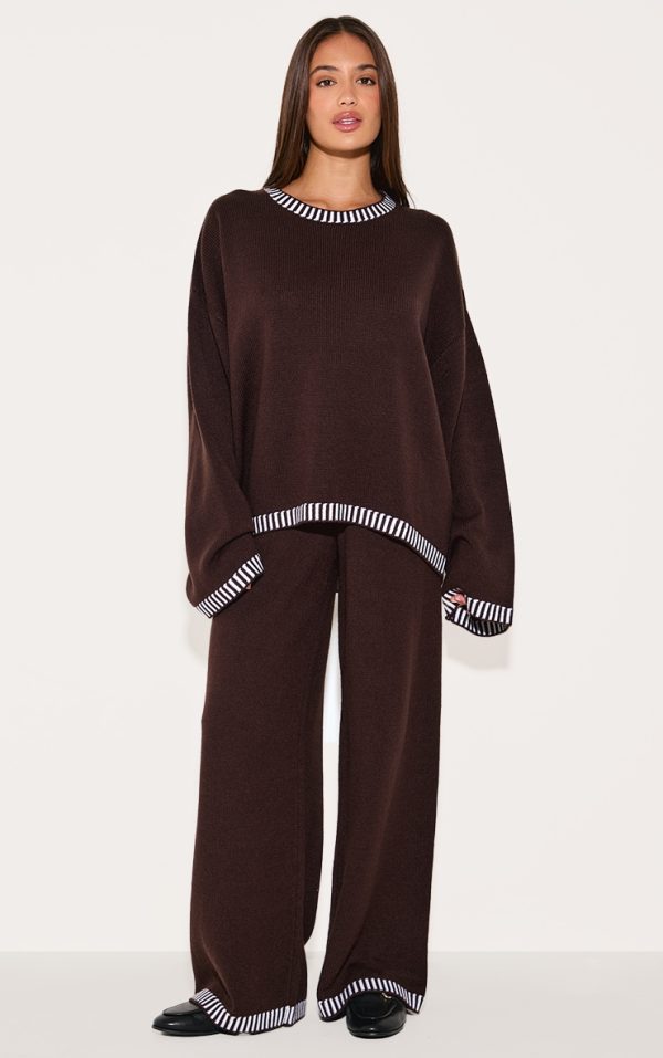 Chocolate Contrast Stitch Detail Knit Drawstring Waist Pants