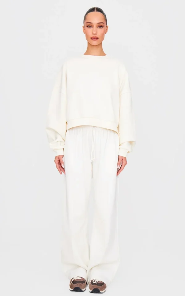 Cream Pintuck Drawstring Straight Leg Sweatpants
