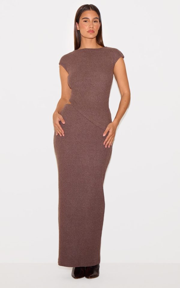 Chocolate Brown Brushed Rib Mid Rise Maxi Skirt