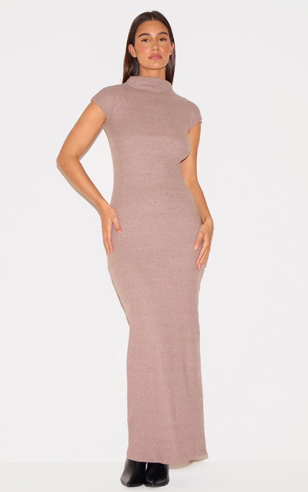 Mushroom Heavy Brushed Rib High Neck Cap Sleeve Maxi Dress