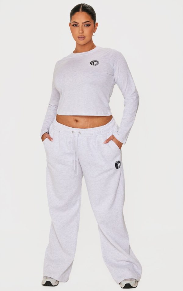 PRETTYLITTLETHING Plus Ash Grey Printed Wide Leg Sweatpants