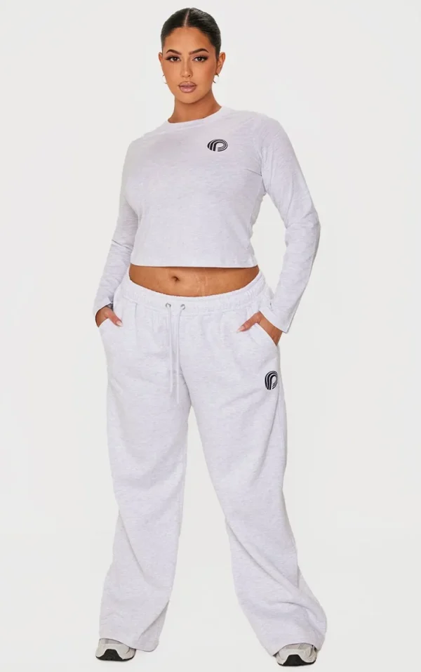 PRETTYLITTLETHING Plus Ash Grey Printed Wide Leg Sweatpants