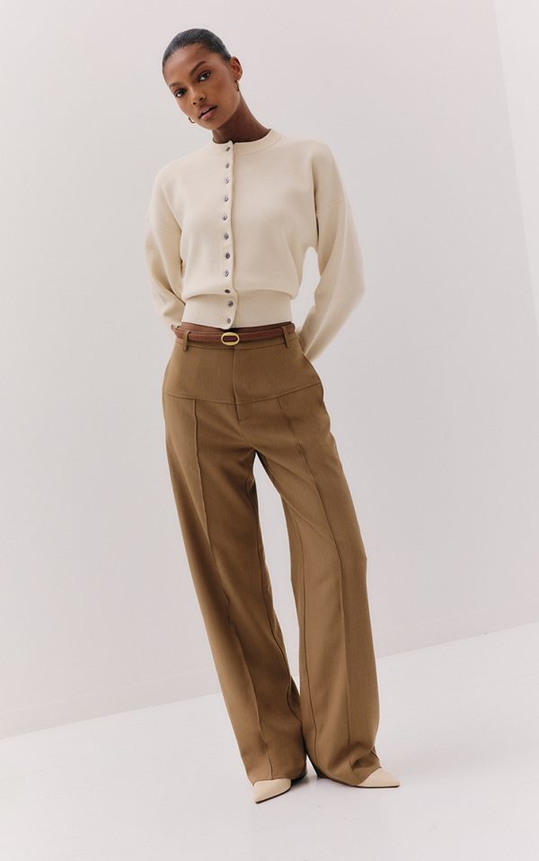 Brown Tailored Thick Belted Waistband Detail Wide Leg Pants