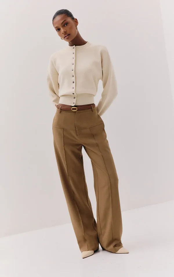 Brown Tailored Thick Belted Waistband Detail Wide Leg Pants