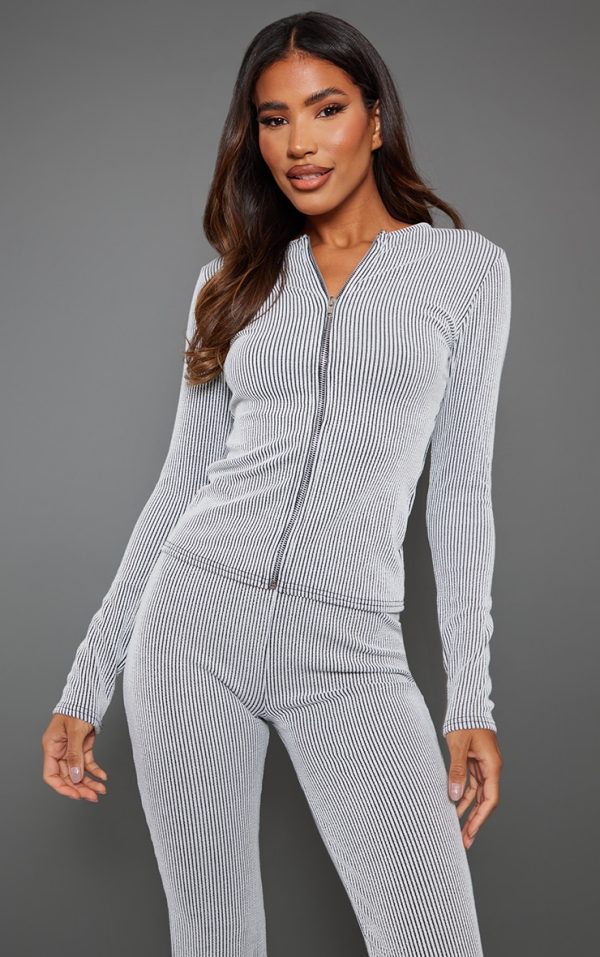 Light Grey Two Tone Rib Longline Zip Up Top