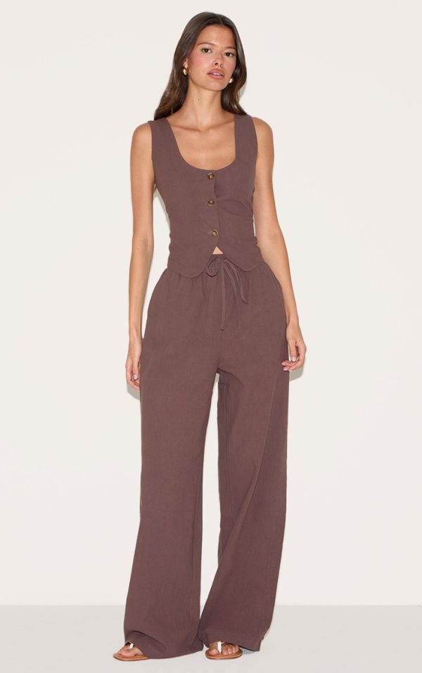 Dark Brown Linen Look Tailored Draw String Wide Leg Pant