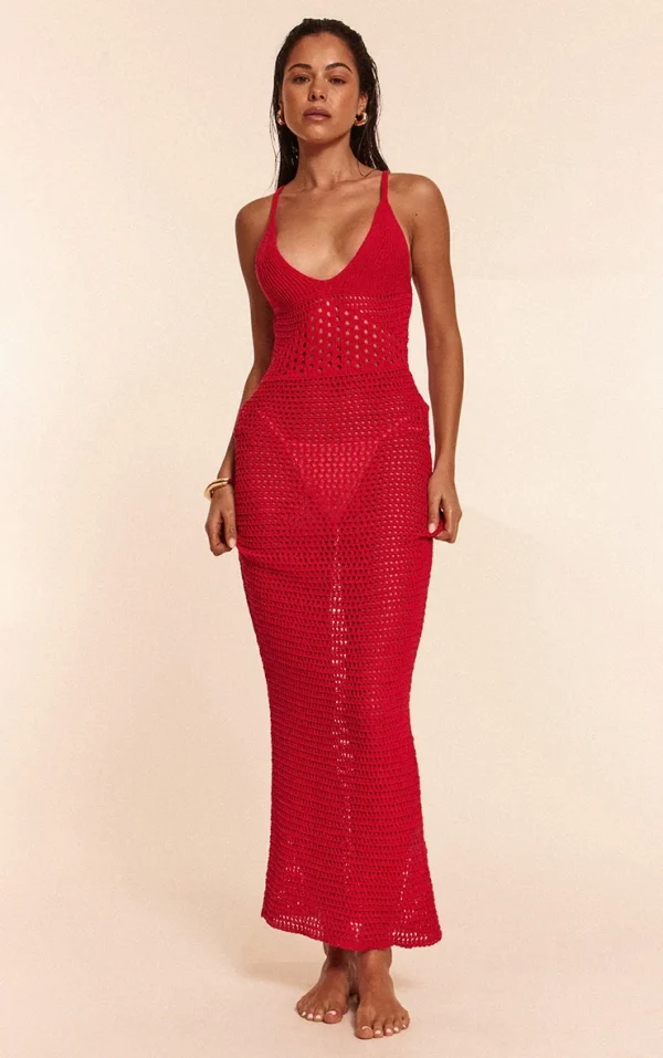 Red Crochet Strappy Maxi Beach Dress