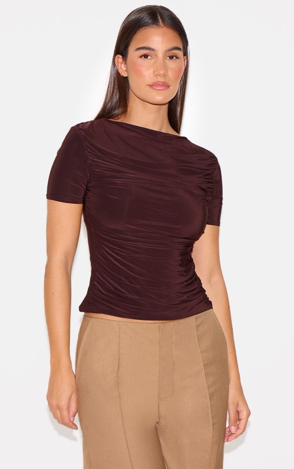 Chocolate Ruched Detail Slinky Long Top