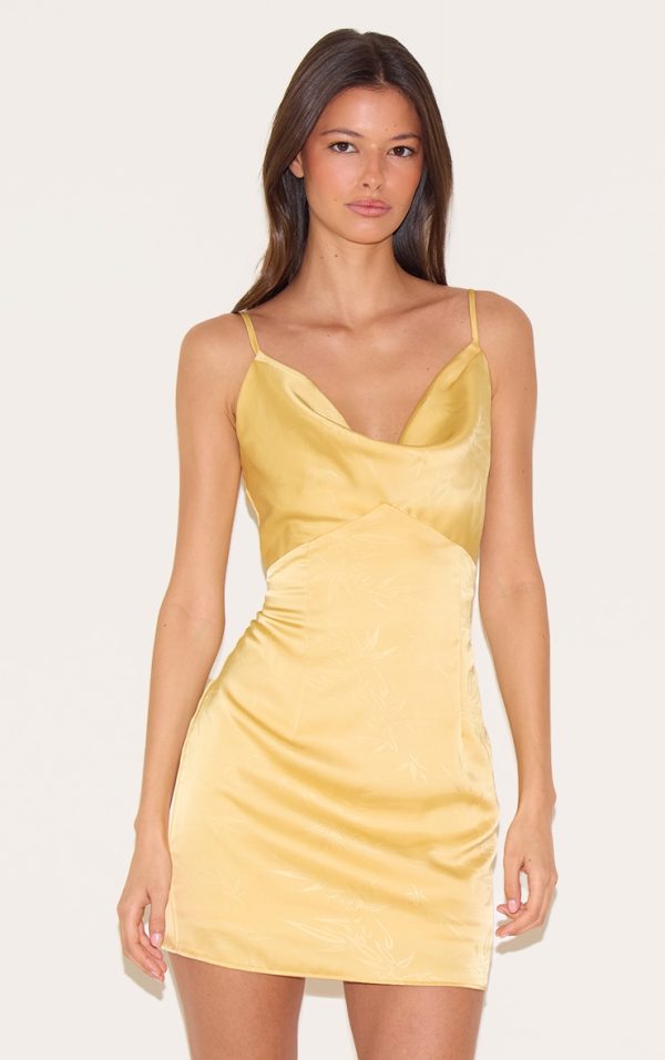 Mustard Satin Leaf Print Cowl Neck Mini Dress