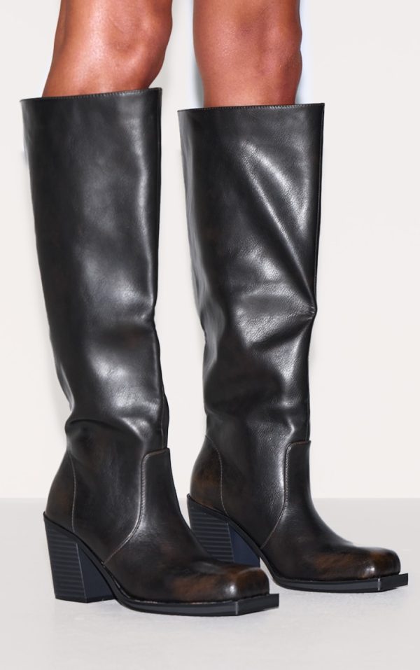 Brown Burnish Pu Square Toe High Block Heel Knee High Boots
