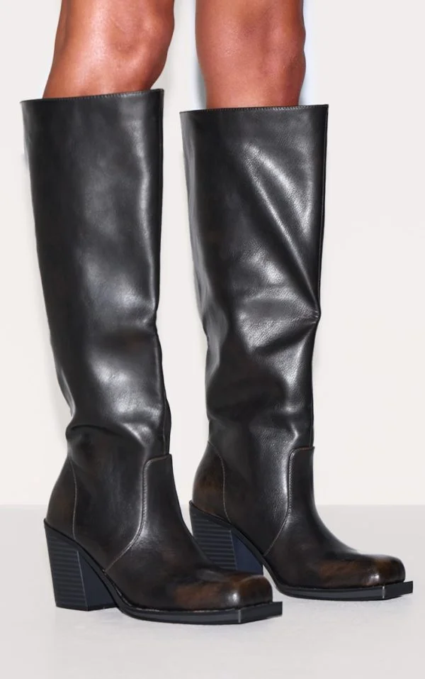 Brown Burnish Pu Square Toe High Block Heel Knee High Boots