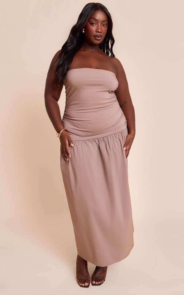 Plus Taupe Stretch Woven Bandeau Ruched Maxi Dress