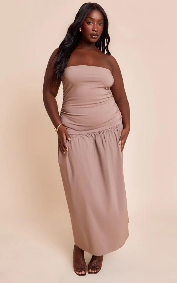 Plus Taupe Stretch Woven Bandeau Ruched Maxi Dress