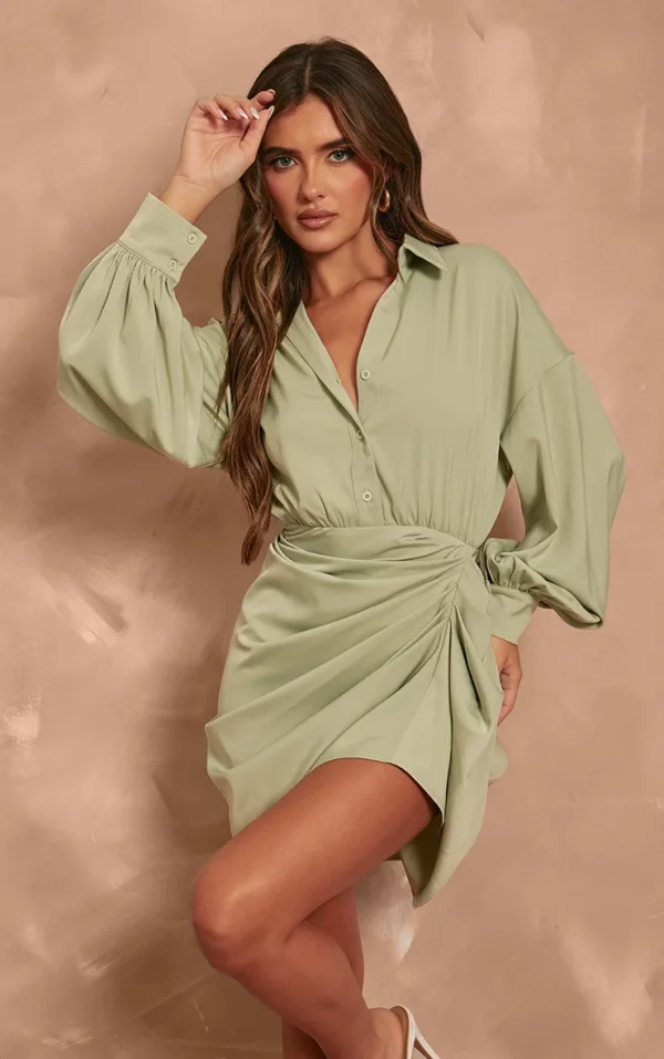 Sage Satin Drape Skirt Oversized Sleeve Shirt Dress