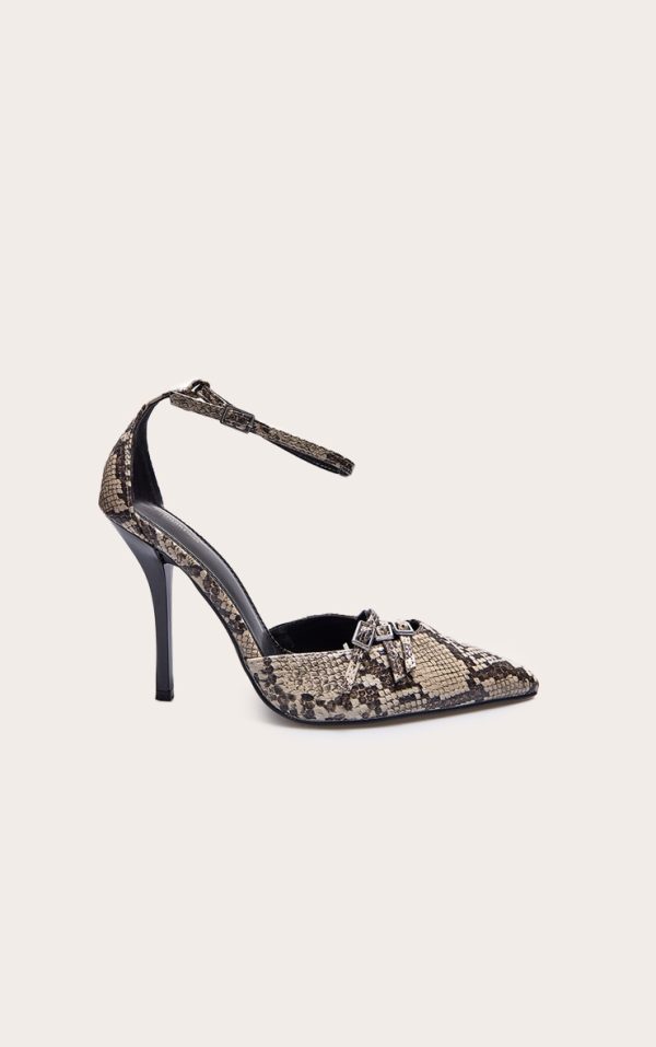 Snake Pu Point Toe Buckle Detail Court Heels