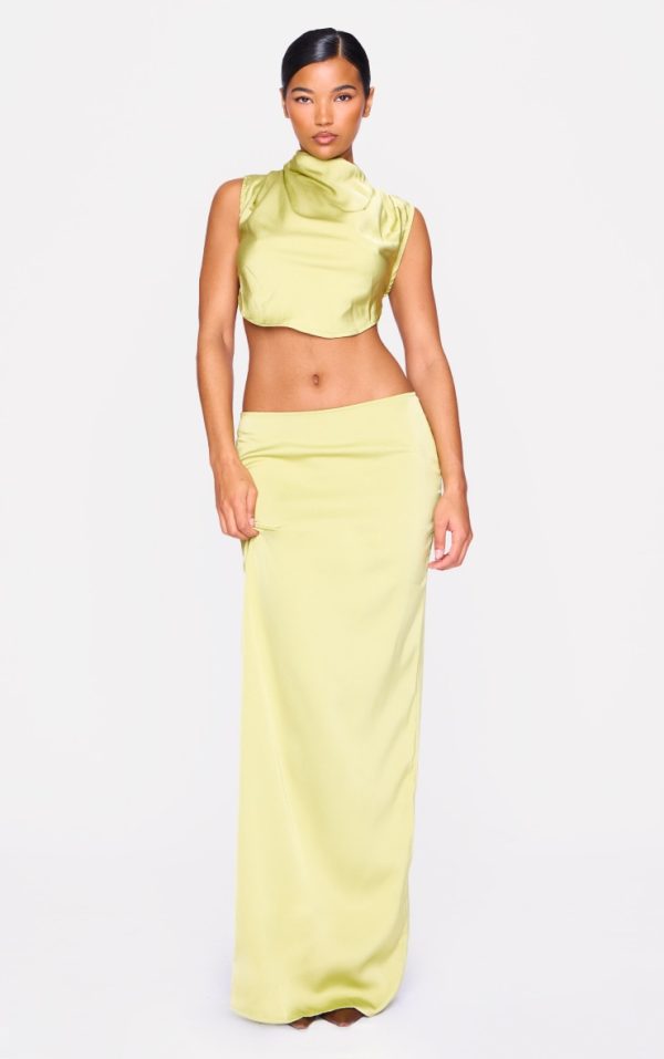 Chartreuse Satin Mid Rise Maxi Skirt