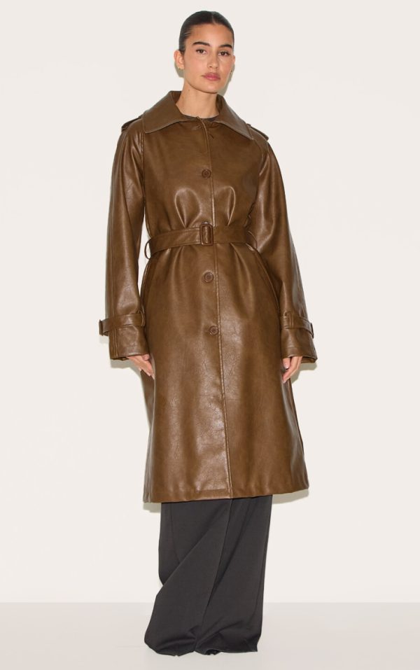Chocolate Mid Length Faux Leather Trench Coat