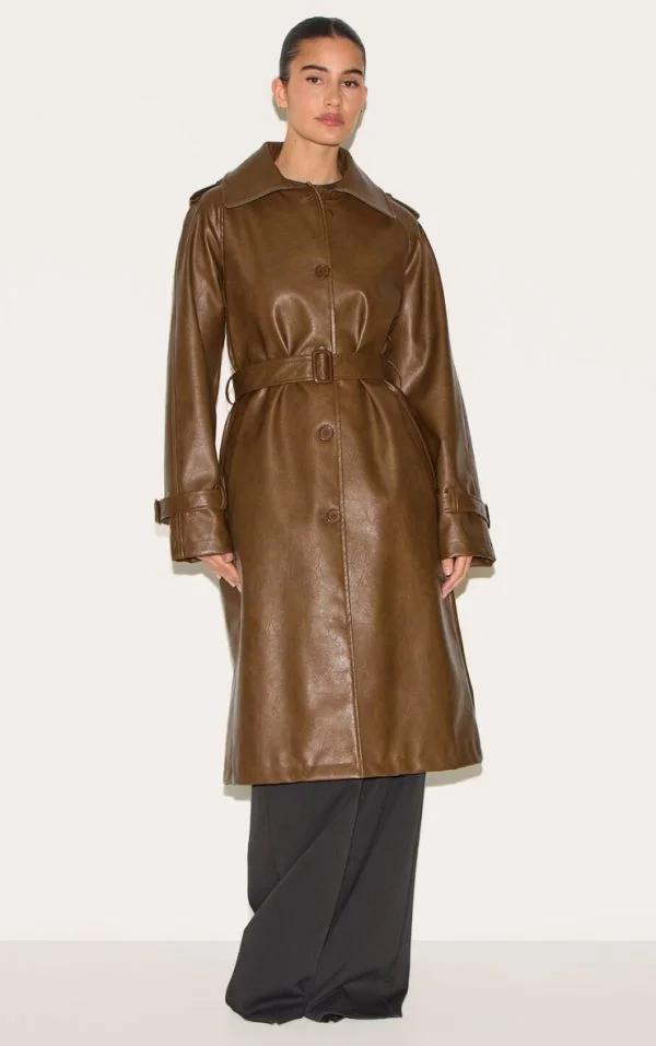 Chocolate Mid Length Faux Leather Trench Coat