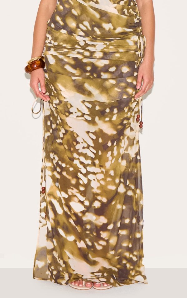 Plus Stone Blurred Abstract Printed Chiffon Ruched Bead Detail Maxi Skirt