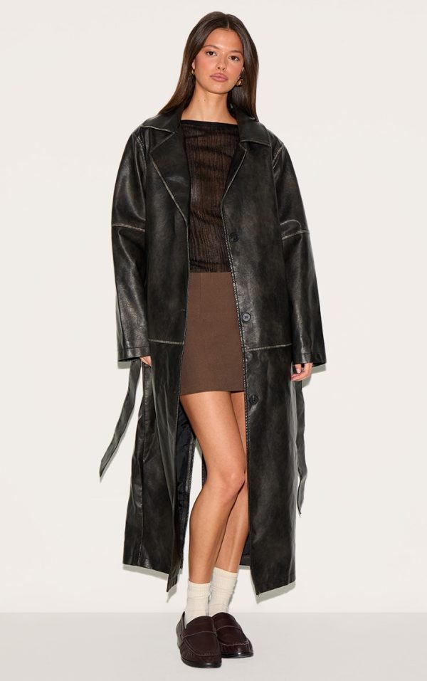 Black Distressed Faux Leather Seam Detail Trench Coat