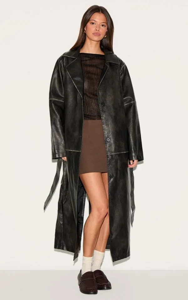 Black Distressed Faux Leather Seam Detail Trench Coat