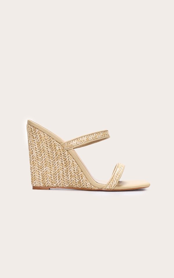 Raffia Square Toe High Heeled Mule Wedges