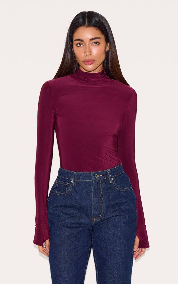 Plum Slinky High Neck Thumb Detail Long Sleeve Top
