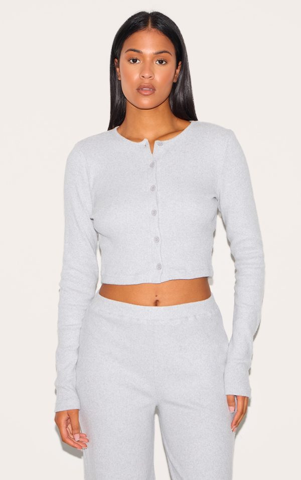 Tall Grey Marl Brushed Rib Button Front Cardigan