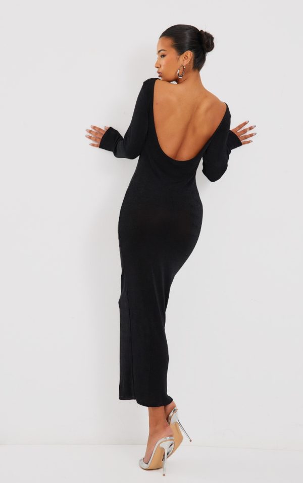 Black Acetate Slinky Long Sleeve Slash Neck Open Back Maxi Dress