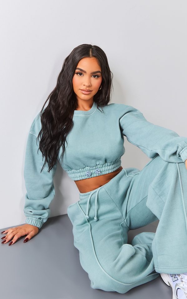 Petite Teal Crop Elasticated Sweat Top