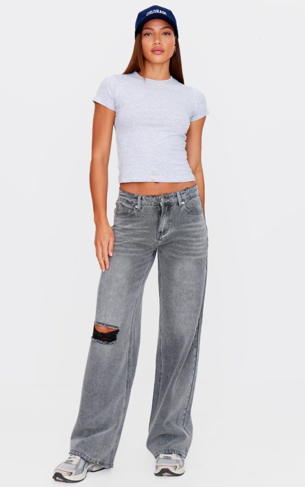 Tall Washed Grey Ripped Knee Frayed Hem Straight Leg Jeans
