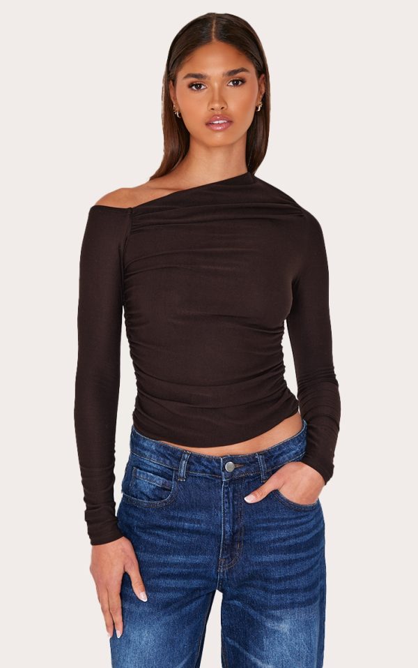 Chocolate Soft Touch Asymmetric Detail Long Sleeve Top