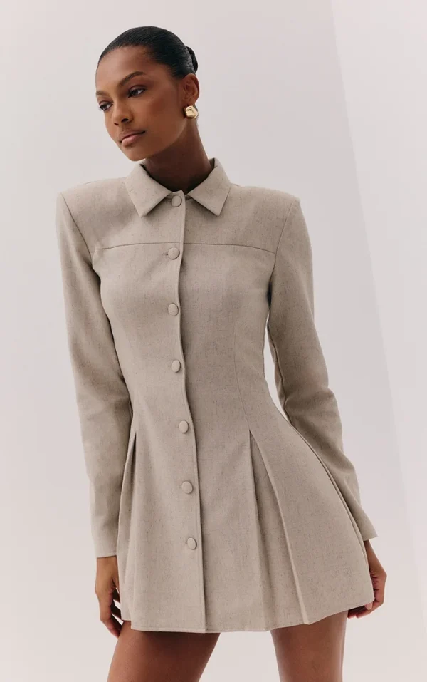 Light Grey Button Up Pleated Hem Shirt Dress