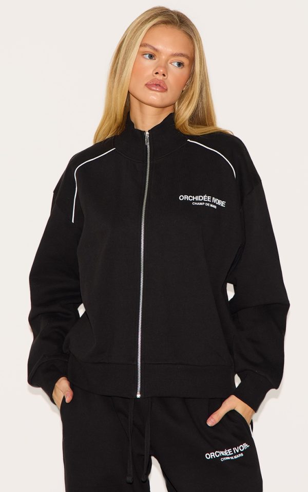 Black Premium Piping Detail High Neck Zip Through Sweatshirt