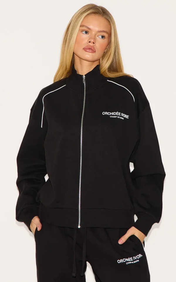 Black Premium Piping Detail High Neck Zip Through Sweatshirt